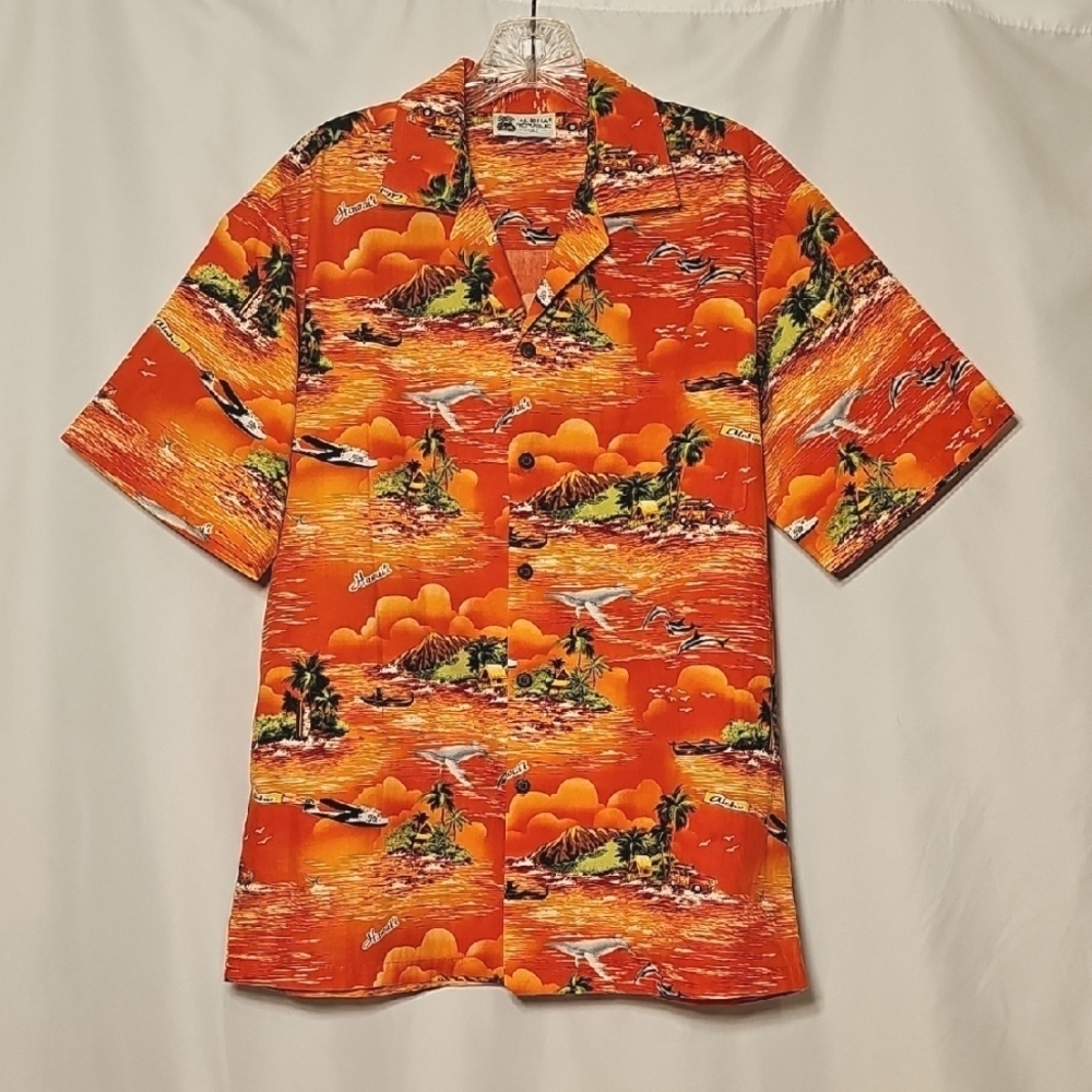 Vintage Aloha Republic Mens Orange Button-up Short Sleeve Hawaiian Shirt